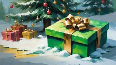 The primary subject of the image is a green box with a bow on top, sitting in the snow. The setting is a winter scene with a Christmas tree in the background. The visual style is a painting, and the colors and mood are predominantly green and white, giving the scene a festive and cozy atmosphere.